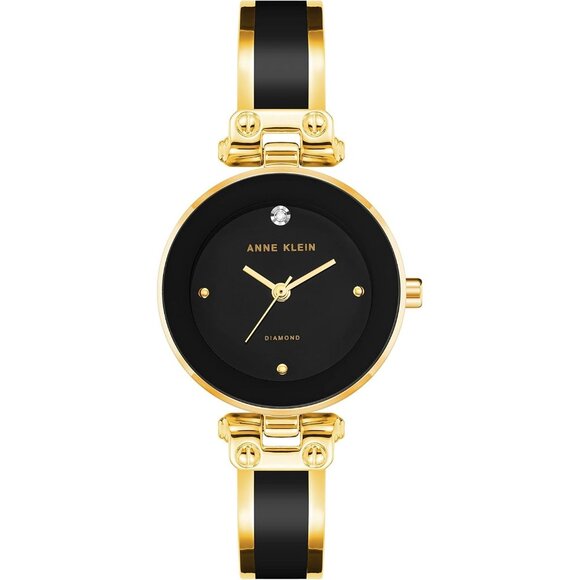 Womens Black Gold Genuine Diamond Dial Bangle Japanese Quartz movement Watch - Picture 1 of 6